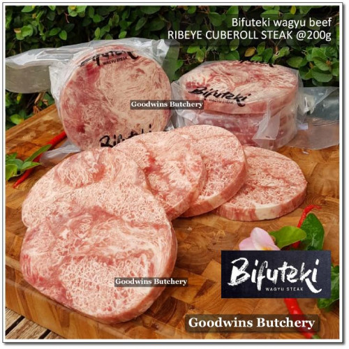 Beef Cuberoll Scotch-Fillet RIBEYE MELTIQUE SANTORI BIFUTEKI WAGYU frozen steak +/- 5/8" original pack (price/pack 1kg 5pcs)
